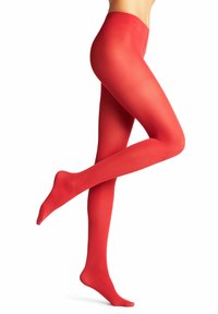 Czerwone rajstopy z gładkiego, elastycznego materiału o błyszczącym wykończeniu. Posiadają wysoki stan i dopasowany krój, który modeluje nogi.