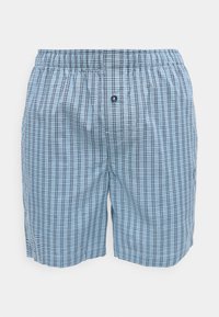 Boxers pour hommes bleu clair avec motif à carreaux noir et blanc et un bouton sur le devant.
