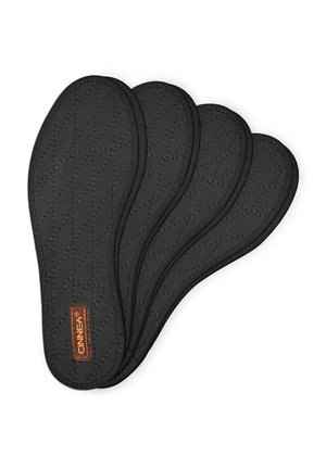 Black quilted insoles arranged in a stack, featuring a smooth texture and a small logo tag on the side.