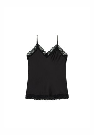 Camisole noire avec des bretelles fines, ornée d'une bordure en dentelle le long de l'encolure et de l'ourlet. Tissu lisse avec une texture légèrement brillante.