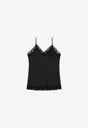 Camisola neagră cu bretele subțiri, având dantelă pe de-a lungul gâtului și a tivului. Material neted cu o textură ușor lucioasă.