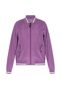 Blouson aviateur violet avec fermeture éclair à l'avant, deux poches à rabat avec boutons, poignets et taille rayés, et étiquette de marque sur le col et la manche.