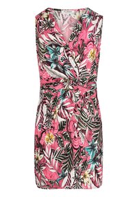 Blumenmuster Kleid mit pinkem Hintergrund und schwarzen, weißen und türkisfarbenen Akzenten. V-Ausschnitt-Design, ärmellos, mit taillierter Passform und Schnallen-Detail.