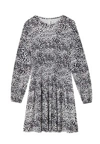Robe à manches longues en imprimé léopard noir et blanc, avec un col rond et une jupe froncée. Fabriquée en tissu léger.