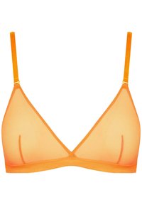 Bralette triangulaire en matériau orange transparent, avec des bretelles réglables, une texture lisse et un design minimaliste sans rembourrage ni armature.