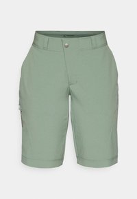 Pantalones cortos verdes claros con un bolsillo lateral con cremallera, hechos de una tela suave y elástica. Cuenta con un cierre de botón y puños rematados.
