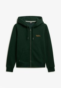 Sudadera con cremallera en un verde oscuro, con dos bolsillos frontales, capucha con cordón y un pequeño texto amarillo "SuperDry Athletics, CA" en el pecho.