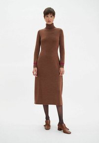 Robe marron à manches longues en col roul é avec une coupe droite et des accents roses aux poignets. Portée avec des chaussures à talons marron et des collants noirs translucides.