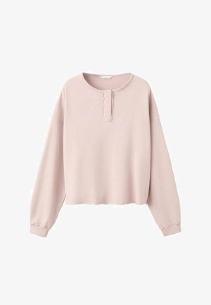 Jasnoróżowa bluza z długim rękawem, okrągłym dekoltem i plisą. Prążkowane mankiety z marszczeniem. Miękki, gładki materiał.