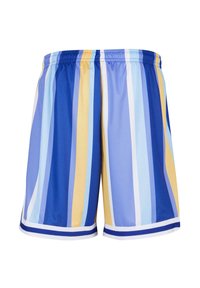 Svømmebukser med vertikale striper i nyanser av blått, lyseblått og gult. Elastisk midje med hvit kant ved bena.