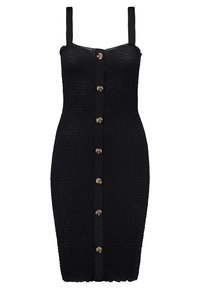 Svart ärmlös figursydd klänning med tunna axelband, texturerad tyg och en central rad av sju bruna knappar från toppen till nederkanten.
