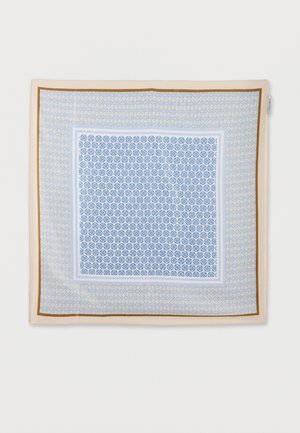 Τετράγωνο μεταξωτό μαντήλι με μπλε κυκλικά γεωμετρικά σχέδια και μπεζ και καφέ περιθώρια.