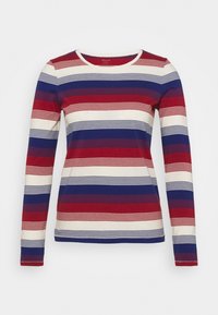 Langärmliges Shirt aus weichem Stoff mit horizontalen Streifen in Rot, Weiß und Blau sowie schmalen weißen Akzenten. Rundhalsausschnitt.