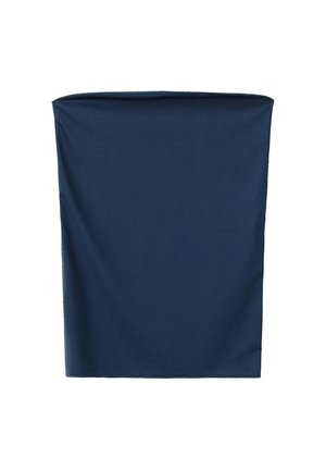 Gonna a tubino blu navy con taglio dritto e tessuto liscio, mostrata distesa su sfondo bianco.