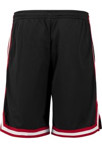 Shorts de basketball noirs avec des accents rouges, en tissu maillé respirant, dotés d'une taille élastique et de détails en rayures blanches sur les côtés.