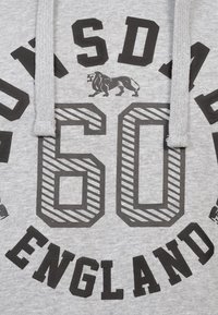 Felpa grigia con un grande grafico nero, strisce "60" e logo di un leone. Include lacci e un tessuto testurizzato.