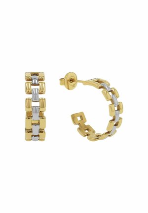 Orecchini a cerchio in oro e argento con design a blocchi, che presentano una combinazione di superfici lucide e testurizzate in uno stile interconnesso.