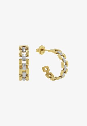 Pendientes de aro en oro y plata con diseños en bloque, que presentan una combinación de superficies brillantes y texturizadas en un estilo entrelazado.