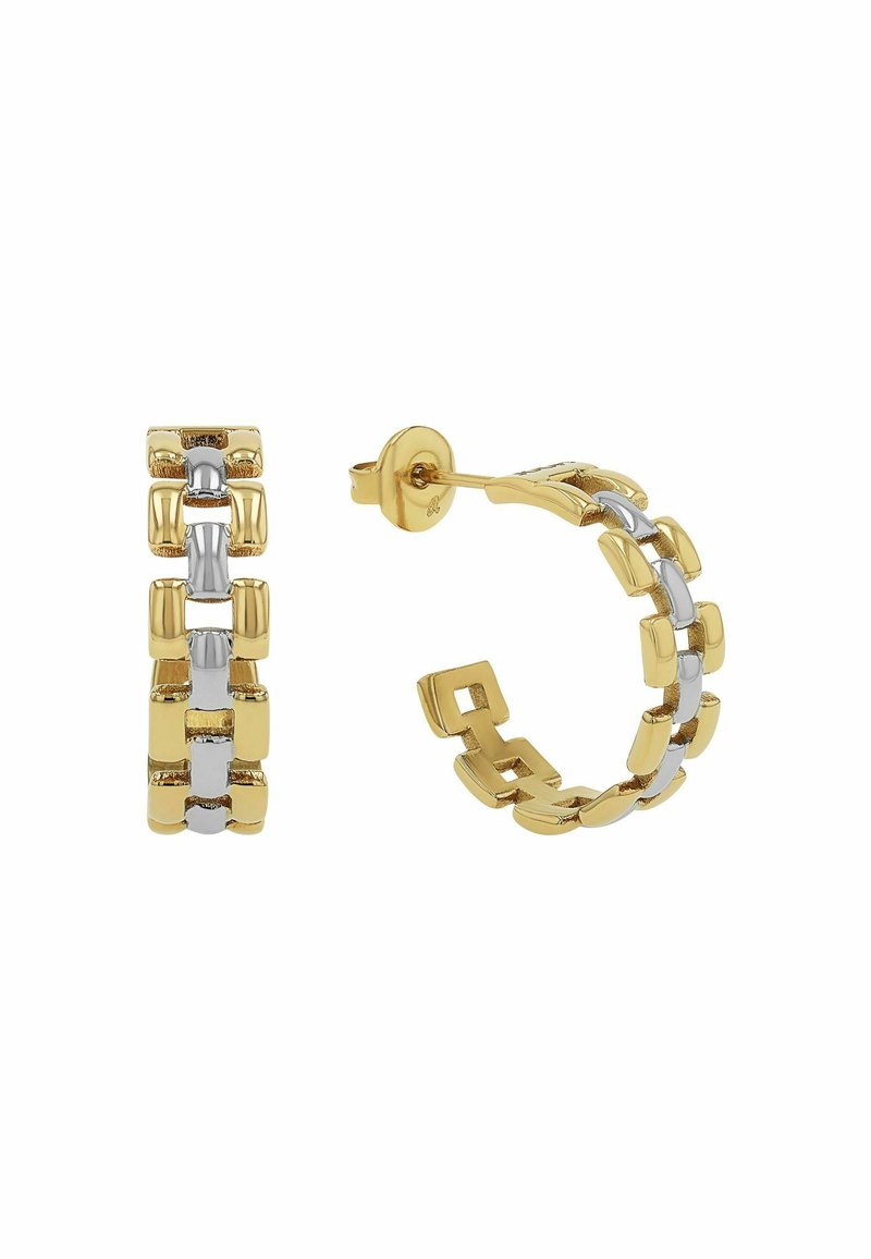 Orecchini a cerchio in oro e argento con design a blocchi, che presentano una combinazione di superfici lucide e testurizzate in uno stile interconnesso.