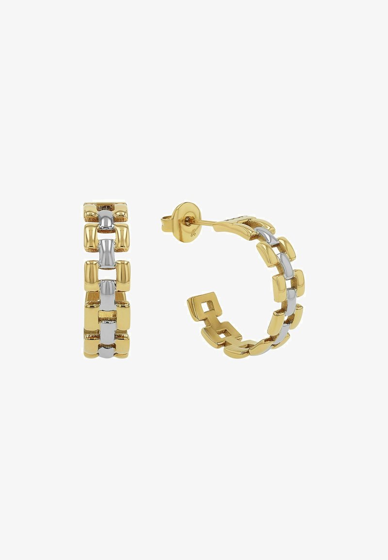 Pendientes de aro en oro y plata con diseños en bloque, que presentan una combinación de superficies brillantes y texturizadas en un estilo entrelazado.