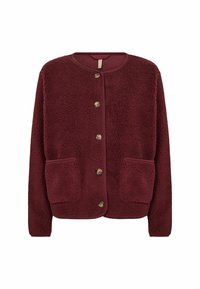 Burgundy fleece cardigan with a round neckline, five button front, and two front pockets. Soft texture and ribbed cuffs and hem.