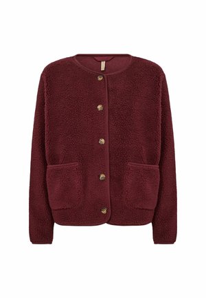 Burgundy fleece cardigan with a round neckline, five button front, and two front pockets. Soft texture and ribbed cuffs and hem.
