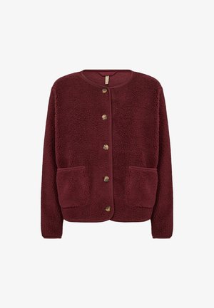 Vīna sarkana flīsa kardigans ar apaļu kakla izgriezumu, pieciem pogu aizdares priekšpusē un divām priekšējām kabatām. Mīksta tekstūra ar ribotiem aproču un apakšmalas galiem.