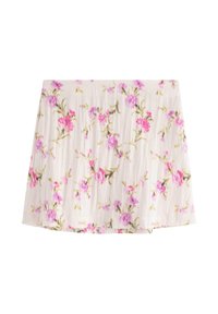 Blomsterkjole i let stof med pink og grønne blomster mønstre på en cremet baggrund. A-linjeformet med en blødt plisseret tekstur.