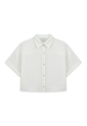 Witte kortebloemige overhemd met een geperforeerd patroon, voorzien van een knoopsluiting aan de voorkant en een cropped ontwerp.