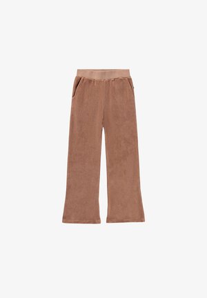 Braune Corduroy-Weitbein-Hosen mit elastischem Bund, Seitentaschen und einer weichen Textur. Das Design zeichnet sich durch eine entspannte Passform und minimale Nähte aus.