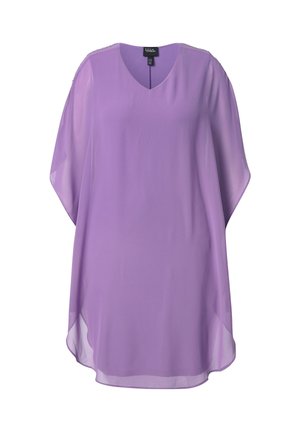 Fliederfarbener, knielanger Chiffon-Tunika-Kleid mit V-Ausschnitt und Fledermausärmeln, lockerer Passform und leicht abgerundetem Saum.