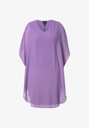 Lila chiffon tuniekjurk tot op de knie met V-hals en vleermuismouwen, losse pasvorm en licht afgeronde zoom.