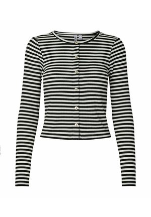 Sort-hvid stribet langærmet cardigan med rund halsudskæring, knaplukning foran og ribbet tekstur, der har seks hvide knapper.