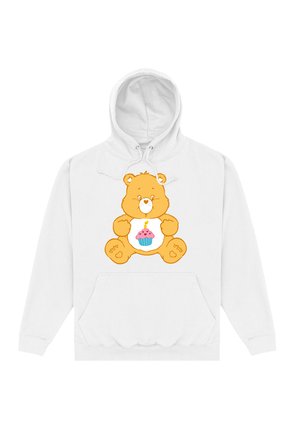 Biała bluza z kapturem z przednią kieszenią, z dużą pomarańczową grafiką misia trzymającego babeczkę na brzuchu. Miękka tekstura i regulowany sznurek.
