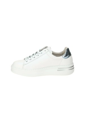 White leather sneakers with a smooth texture, featuring a silver snake skin accent at the heel and a thick rubber sole.