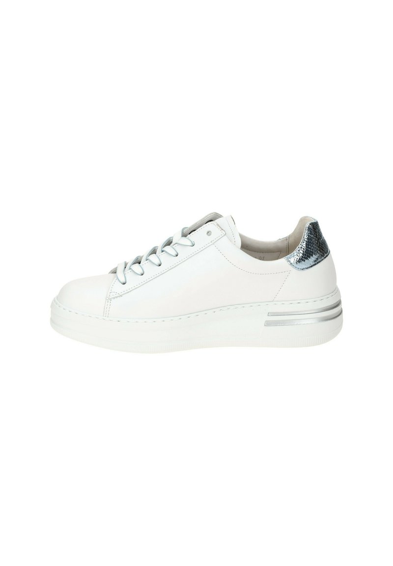 White leather sneakers with a smooth texture, featuring a silver snake skin accent at the heel and a thick rubber sole.