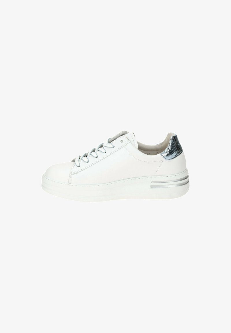 White leather sneakers with a smooth texture, featuring a silver snake skin accent at the heel and a thick rubber sole.