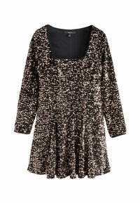 Robe noire à paillettes avec un décolleté carré, des manches longues et une jupe évasée. Présente une surface texturée avec des paillettes brillantes et réfléchissantes.