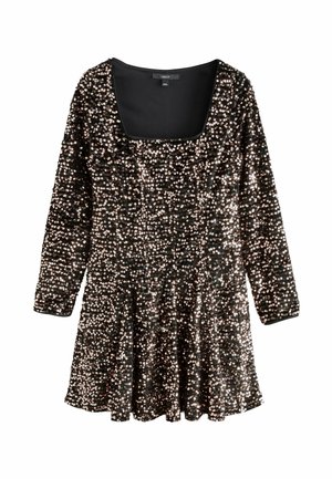 Schwarzes Pailletten-Kleid mit quadratischem Ausschnitt, langen Ärmeln und ausgestelltem Rock. Hat eine strukturierte Oberfläche mit glänzenden, reflektierenden Pailletten.