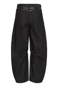 Black denim trousers with a relaxed fit, featuring a sealed waistband, two back pockets, and a smooth texture.