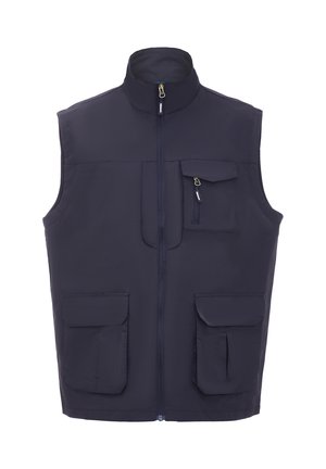 Navy blue sleeveless vest with high collar, front zipper, and multiple pockets, featuring smooth fabric and sturdy zippers for easy access.