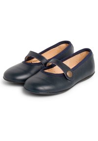 Navy leather Mary Jane shoes with rounded toe, elastic band, and metal button detail. Lightweight design with a smooth texture.