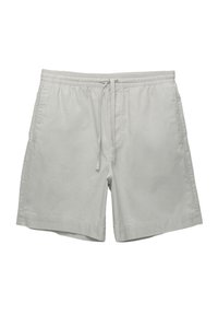 Shorts en coton gris clair avec une taille élastique, une fermeture à cordon, des poches latérales et une coupe droite.