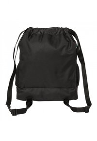 Sac à dos noir avec cordon de serrage et bretelles réglables, doté de poches latérales en mesh, fabriqué en tissu durable avec une texture lisse.