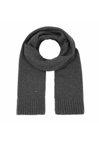 Gray knitted scarf featuring a soft texture, ribbed ends, and a looped design. Includes a small branded label near the bottom.