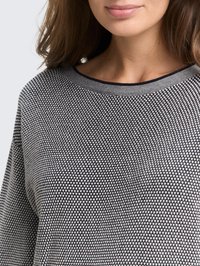 Donna che indossa un maglione in maglia testurizzata bianco e nero con scollatura tonda, mostrando il collo, il mento e parte dei lunghi capelli castani.