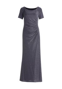 Długa, błyszcząca szara sukienka wieczorowa z krótkimi rękawami, okrągłym dekoltem i marszczeniami po bokach. Gładki, elastyczny materiał.