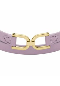 Light purple leather belt featuring a gold-tone double hook closure and stitched accents on the band for detail.
