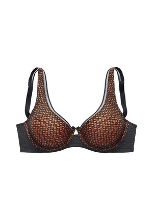 Black bra with orange underlay and lace overlay in circular pattern, featuring adjustable black straps and center bow detail.