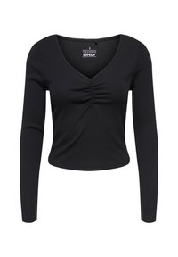 Sort langærmet top med V-hals, rynket detalje foran, ribbet tekstur og cropped pasform. Fremstillet af et blødt, elastisk stof.